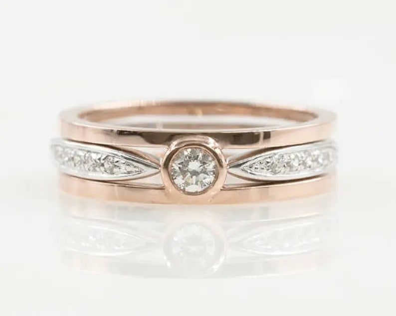 14K ROSE GOLD DIAMOND BEZEL GUARD TWO TONE RING SET