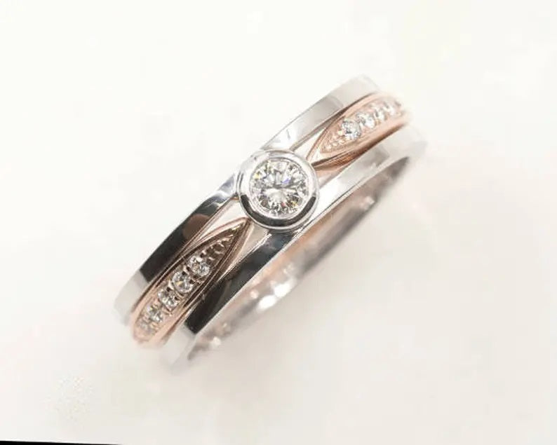 14K WHITE GOLD DIAMOND BEZEL GUARD TWO TONE RING SET