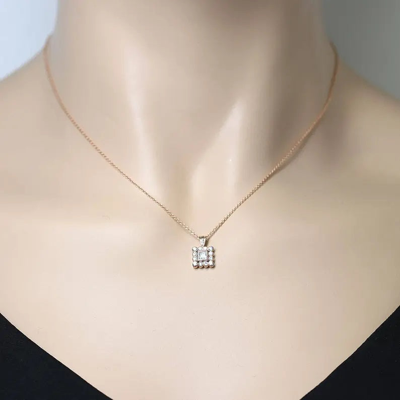 14K PRINCESS CUT SQUARE DIAMOND NECKLACE