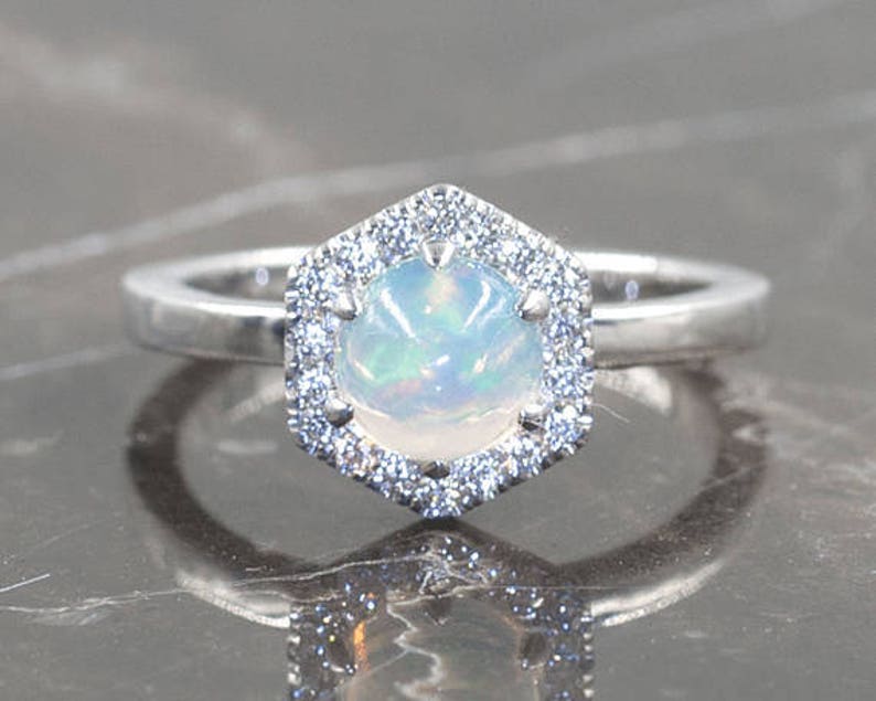 14K OPAL DIAMOND HALO HEXAGON SOLITAIRE RING