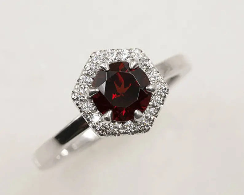 14K GARNET DIAMOND HALO HEXAGON RING