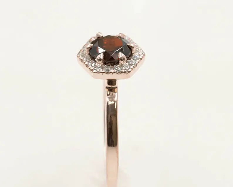 14K GARNET DIAMOND HALO HEXAGON RING