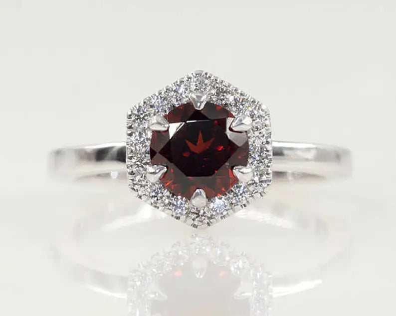 14K GARNET DIAMOND HALO HEXAGON RING