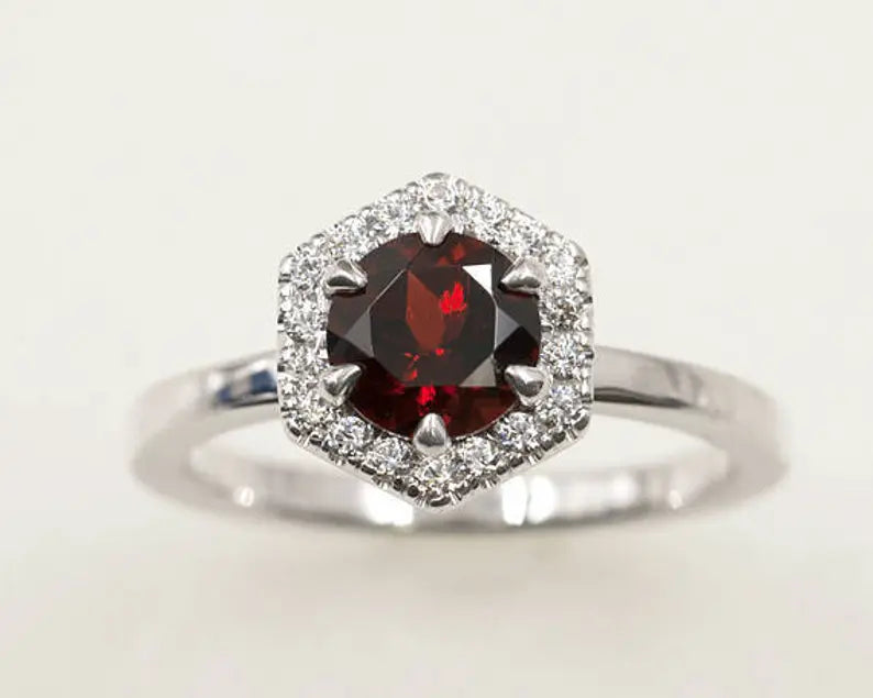 14K GARNET DIAMOND HALO HEXAGON RING