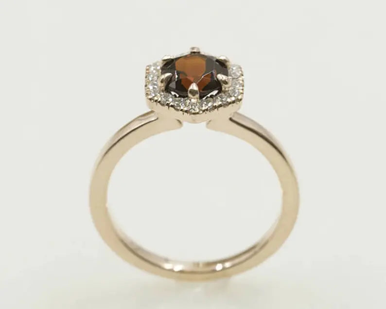 14K GARNET DIAMOND HALO HEXAGON RING