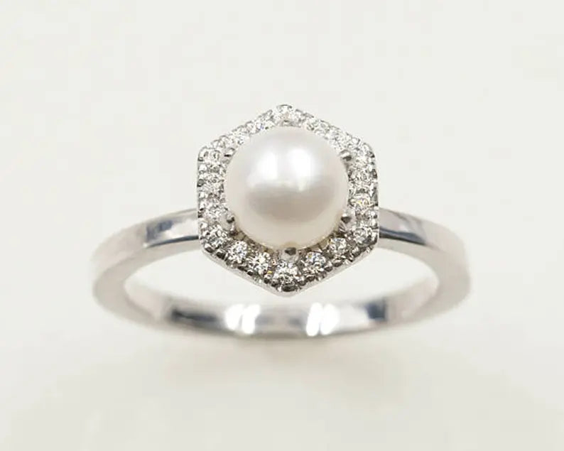 14K PEARL DIAMOND HALO HEXAGON RING