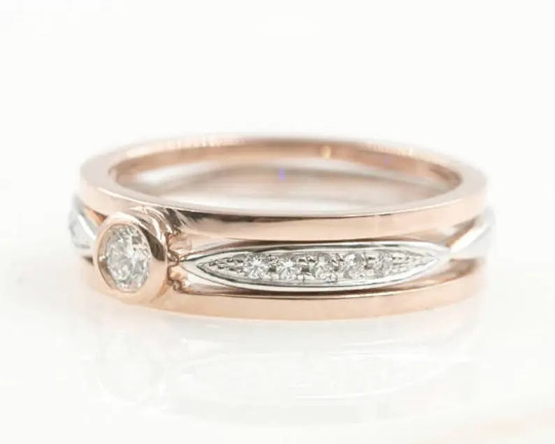 14K ROSE GOLD DIAMOND BEZEL GUARD TWO TONE RING SET