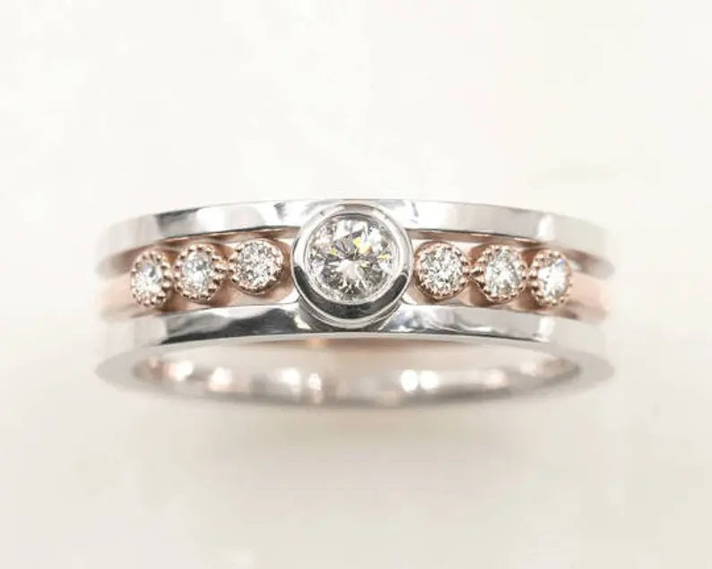 14K WHITE GOLD DIAMOND BEZEL GUARD TWO TONE RING SET