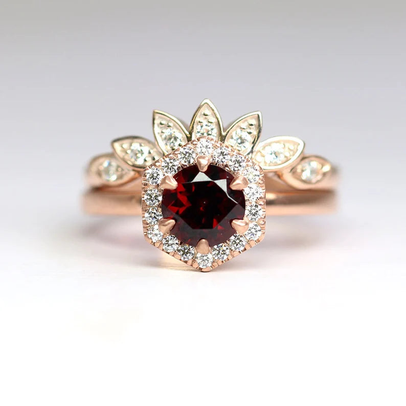 14K GARNET DIAMOND HALO HEXAGON RING