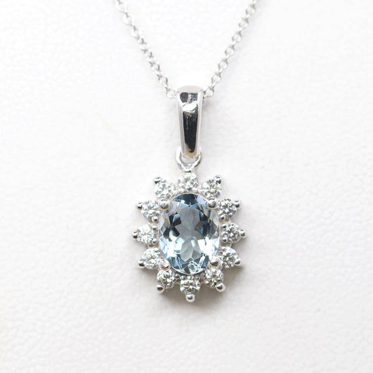 14K AQUAMARINE DIAMOND SUNFLOWER NECKLACE