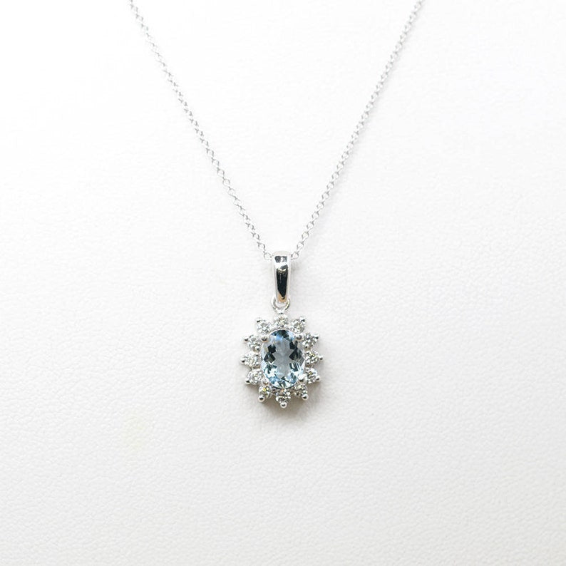 14K AQUAMARINE DIAMOND SUNFLOWER NECKLACE