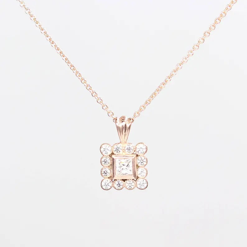 14K PRINCESS CUT SQUARE DIAMOND NECKLACE