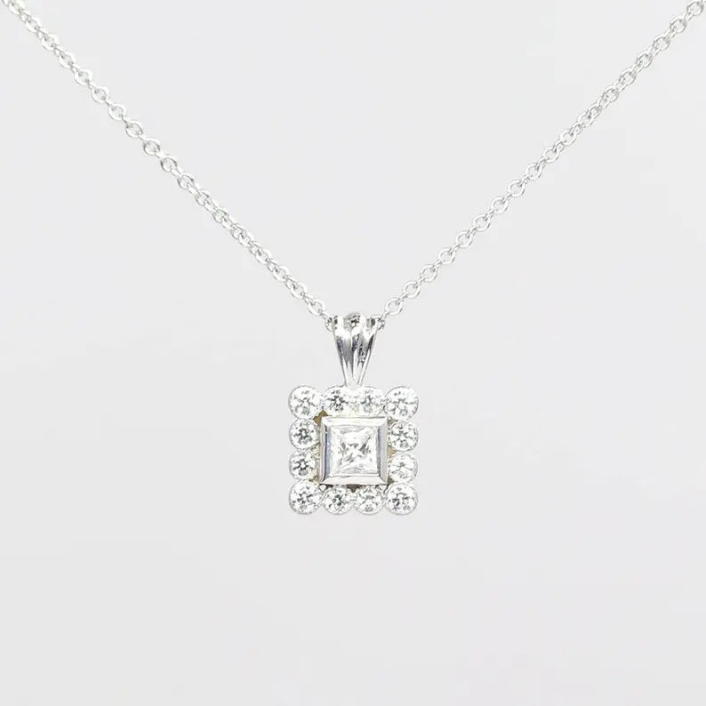 14K PRINCESS CUT SQUARE DIAMOND NECKLACE