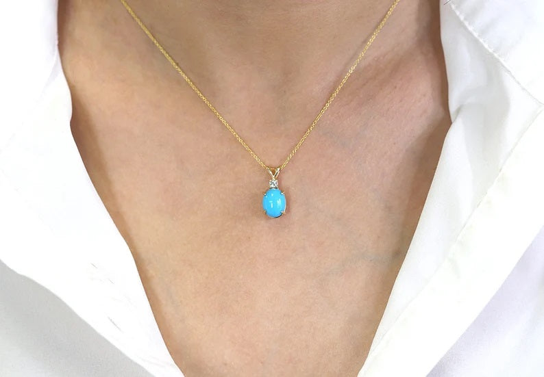 14K OVAL TURQUOISE 1 DIAMOND NECKLACE