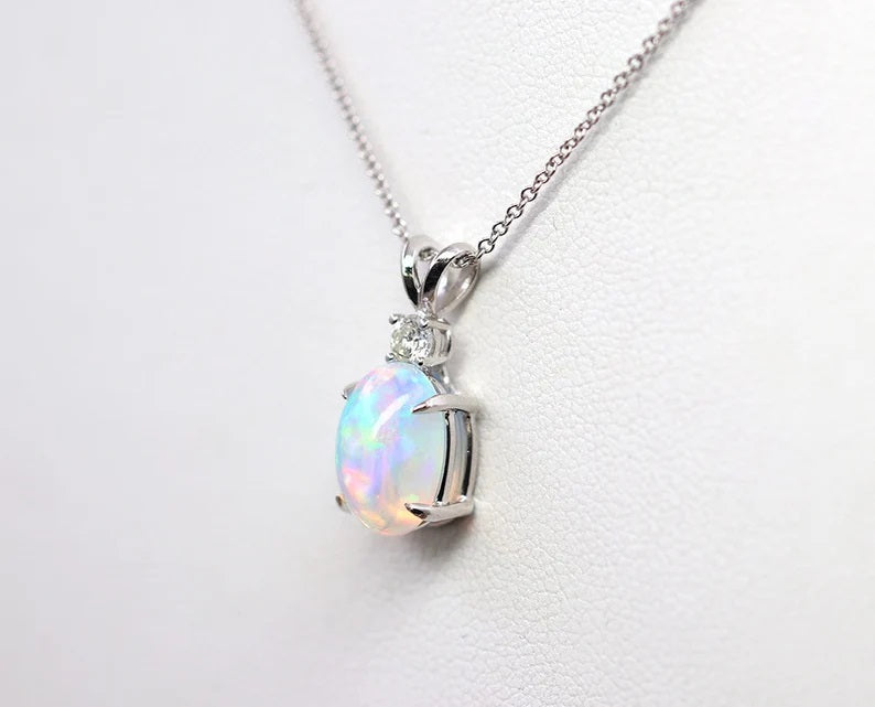 14K OVAL OPAL 1 DIAMOND NECKLACE