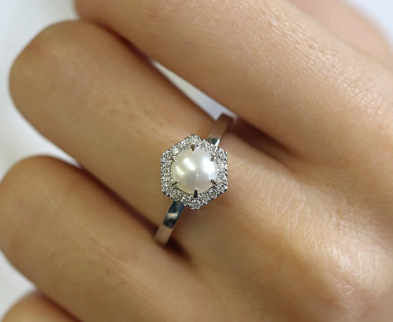 14K PEARL DIAMOND HALO HEXAGON RING