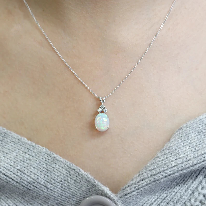 14K OVAL OPAL 3 DIAMOND NECKLACE