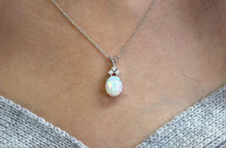 14K OVAL OPAL 3 DIAMOND NECKLACE