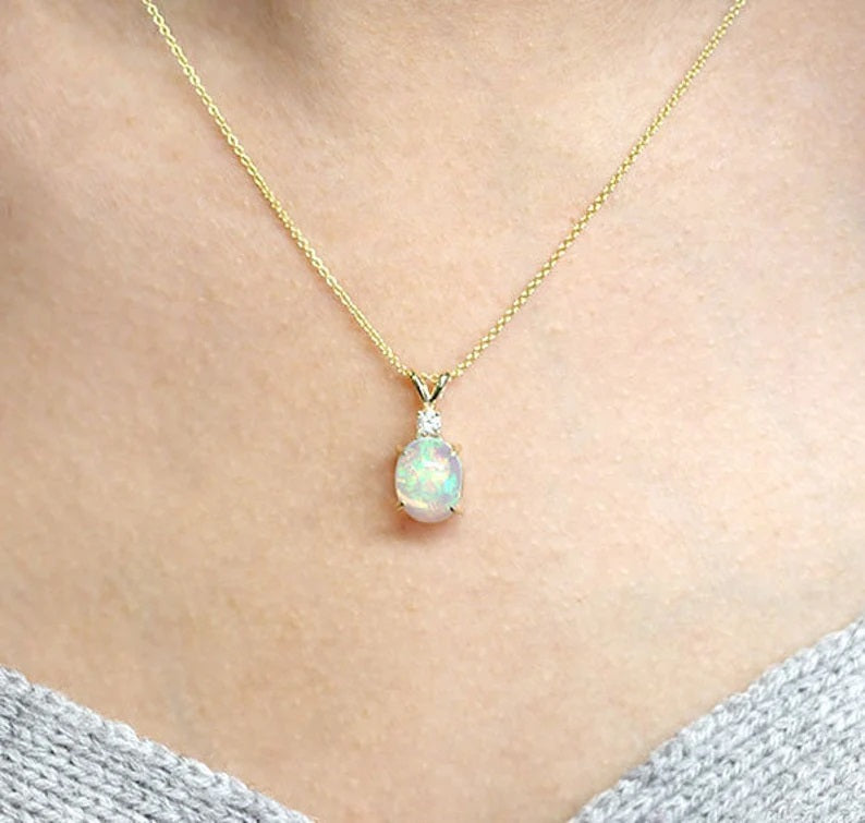 14K OVAL OPAL 1 DIAMOND NECKLACE