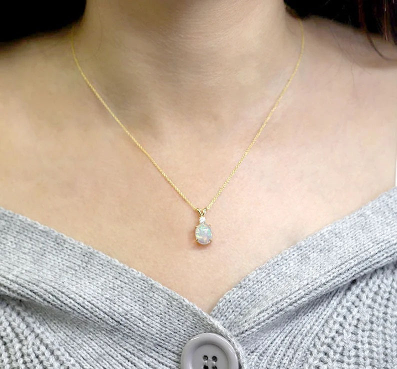 14K OVAL OPAL 1 DIAMOND NECKLACE