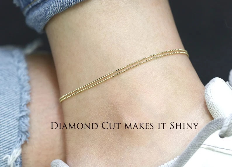 14K 1MM DIAMOND CUT BEADED CHAIN ANKLET