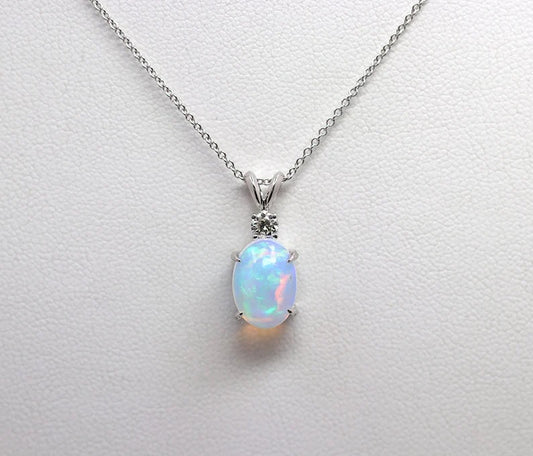 14K OVAL OPAL 1 DIAMOND NECKLACE