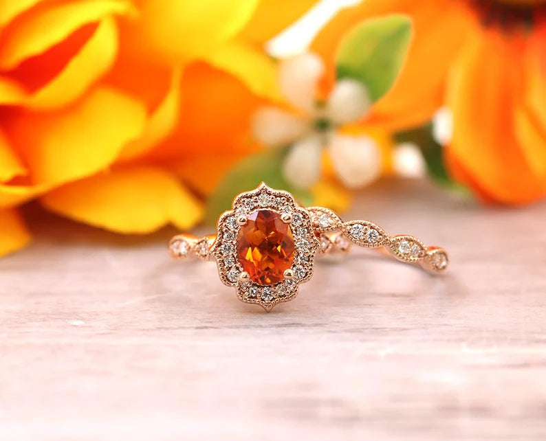 14K CITRINE DIAMOND FLORAL BRIDAL SET