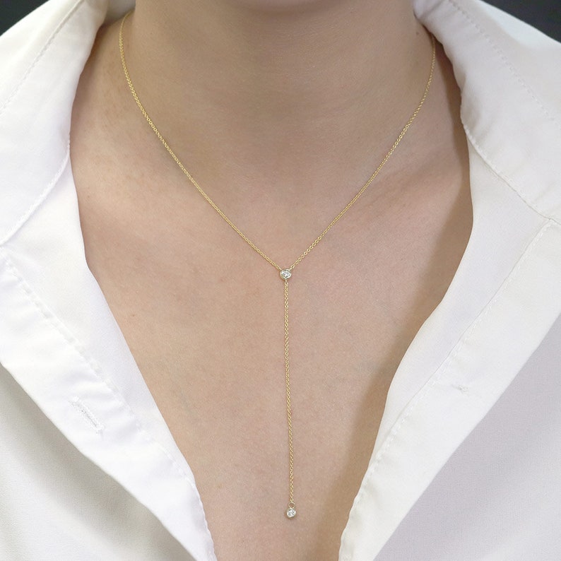 14K 2 DIAMOND BEZEL LARIAT NECKLACE