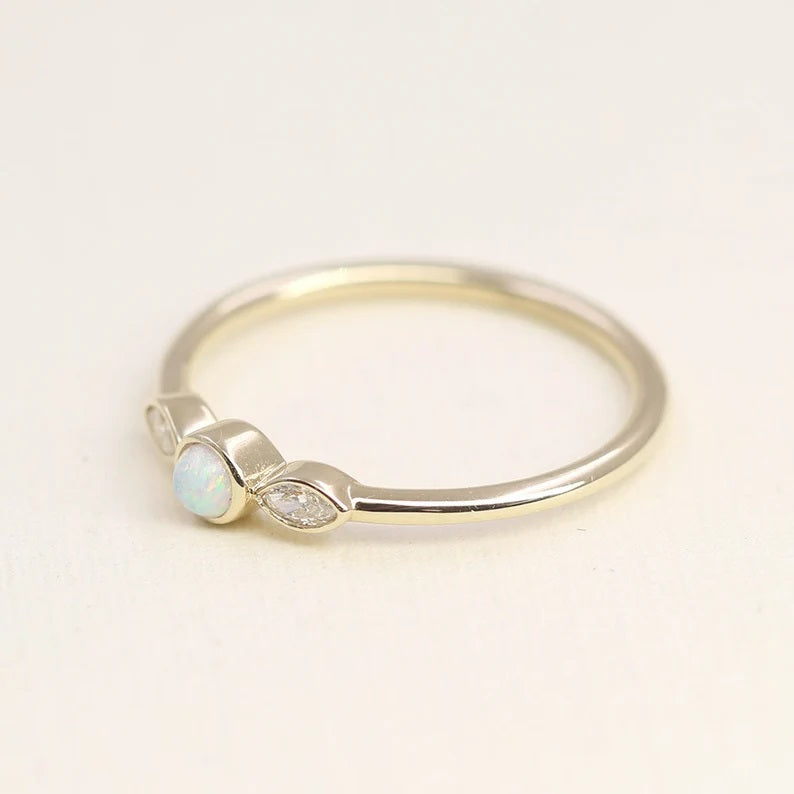 14K OPAL MARQUISE DIAMOND BEZEL RING