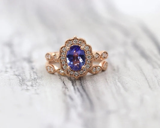 14K TANZANITE DIAMOND FLORAL ENGAGEMENT RING