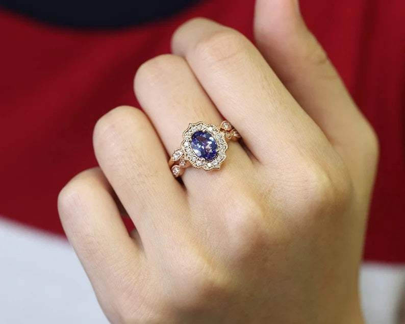 14K TANZANITE DIAMOND FLORAL ENGAGEMENT RING