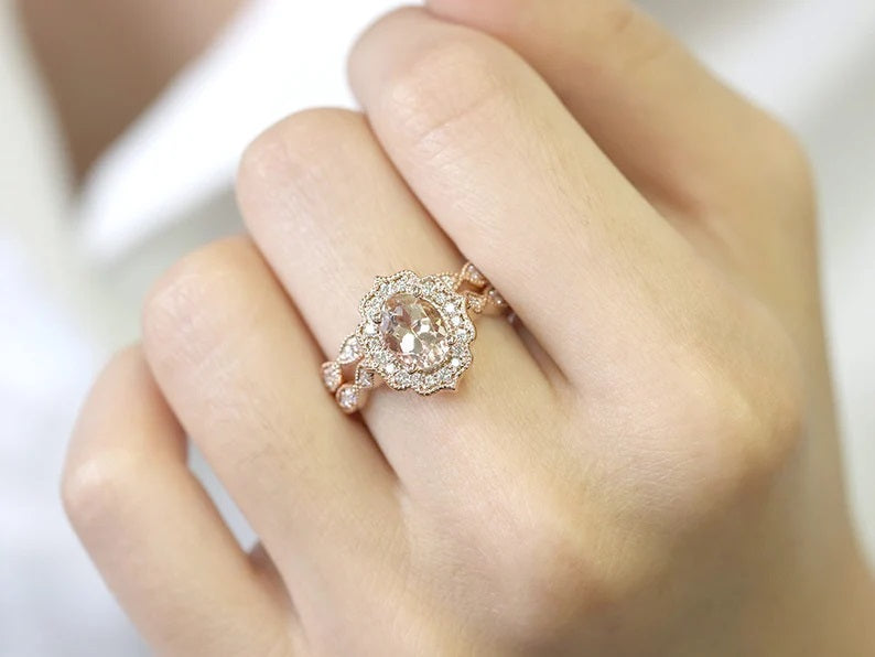 14K MORGANITE DIAMOND FLORAL ENGAGEMENT RING