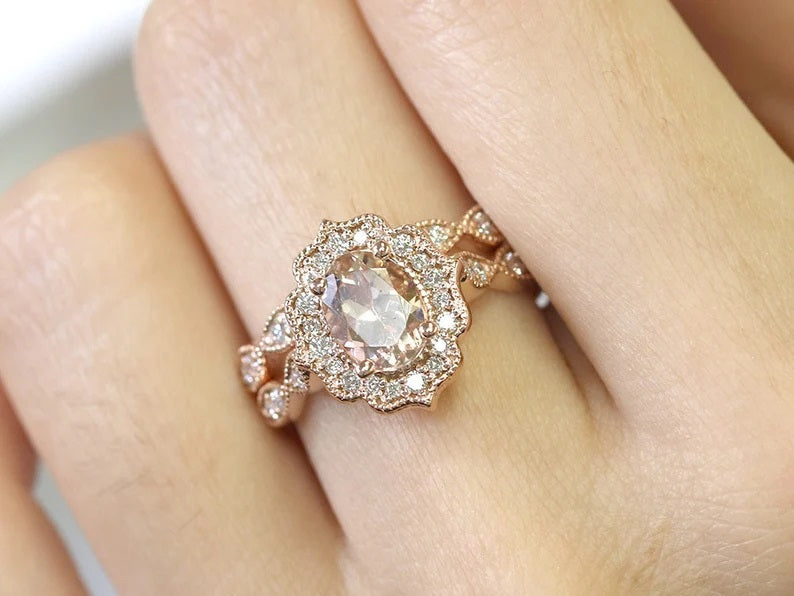 14K MORGANITE DIAMOND FLORAL ENGAGEMENT RING