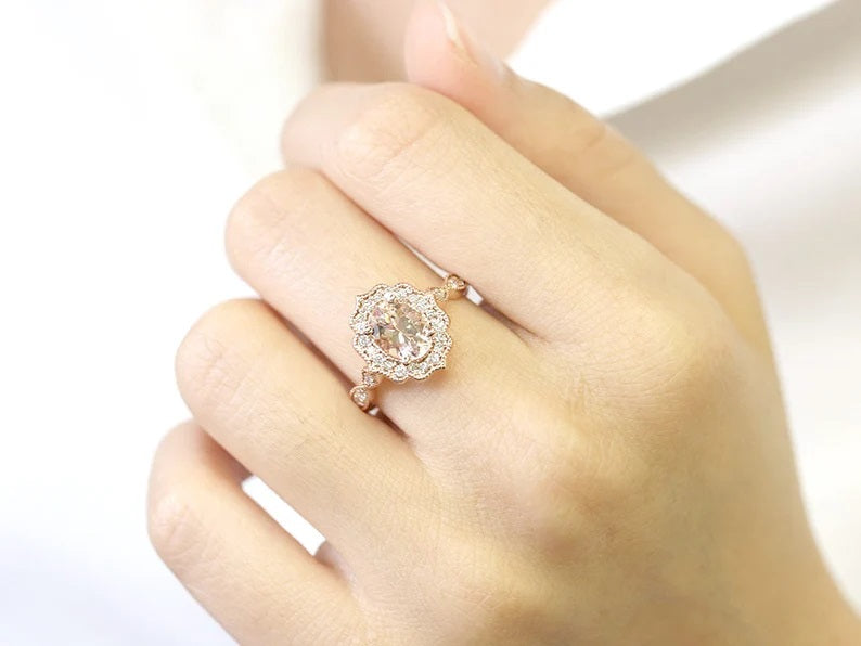 14K MORGANITE DIAMOND FLORAL ENGAGEMENT RING