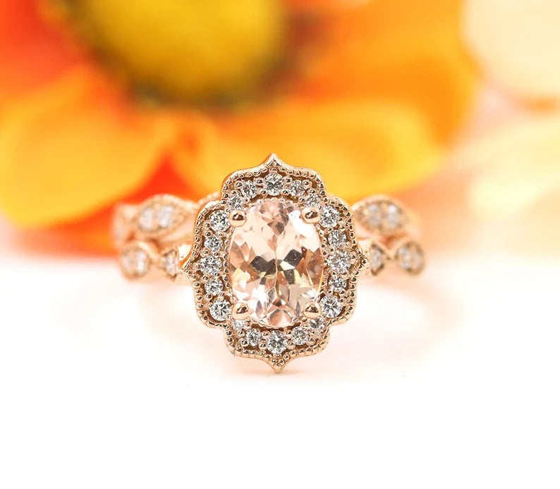 14K MORGANITE DIAMOND FLORAL BRIDAL SET