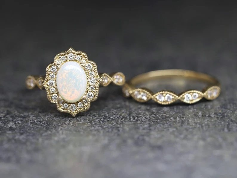 14K OPAL DIAMOND FLORAL BRIDAL SET