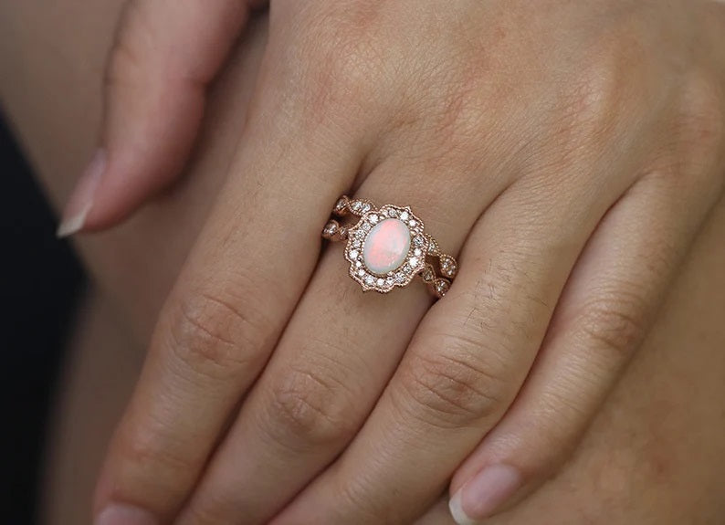 14K OPAL DIAMOND FLORAL ENGAGEMENT RING