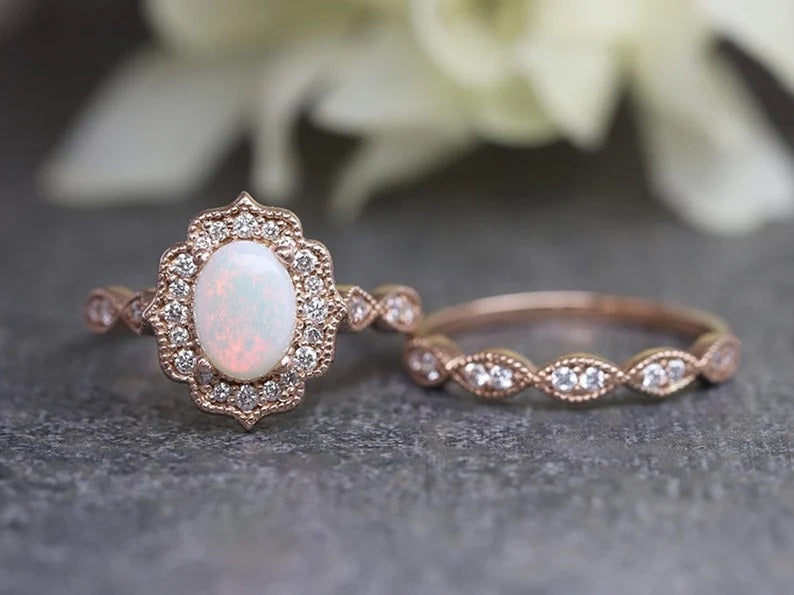 14K OPAL DIAMOND FLORAL BRIDAL SET