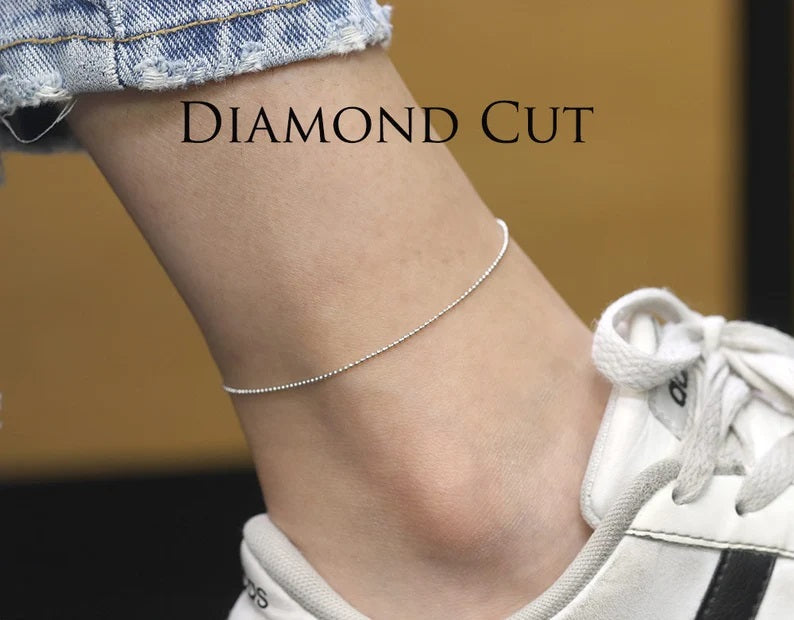 14K 1MM DIAMOND CUT BEADED CHAIN ANKLET