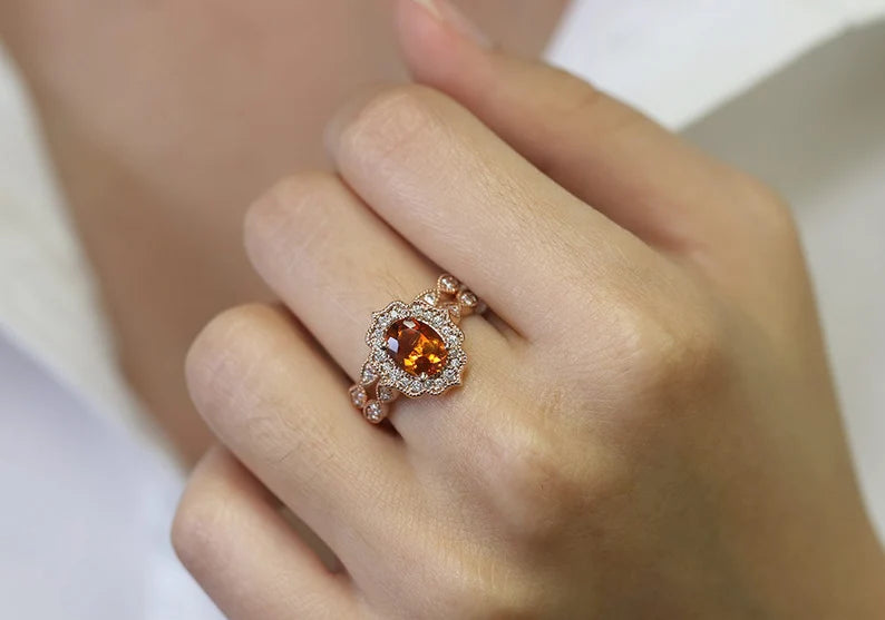 14K CITRINE DIAMOND FLORAL BRIDAL SET