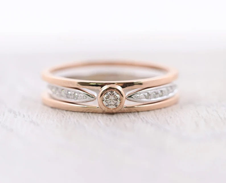 14K ROSE GOLD DIAMOND BEZEL GUARD TWO TONE RING SET