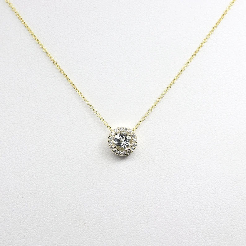 14K AQUAMARINE DIAMOND HALO NECKLACE