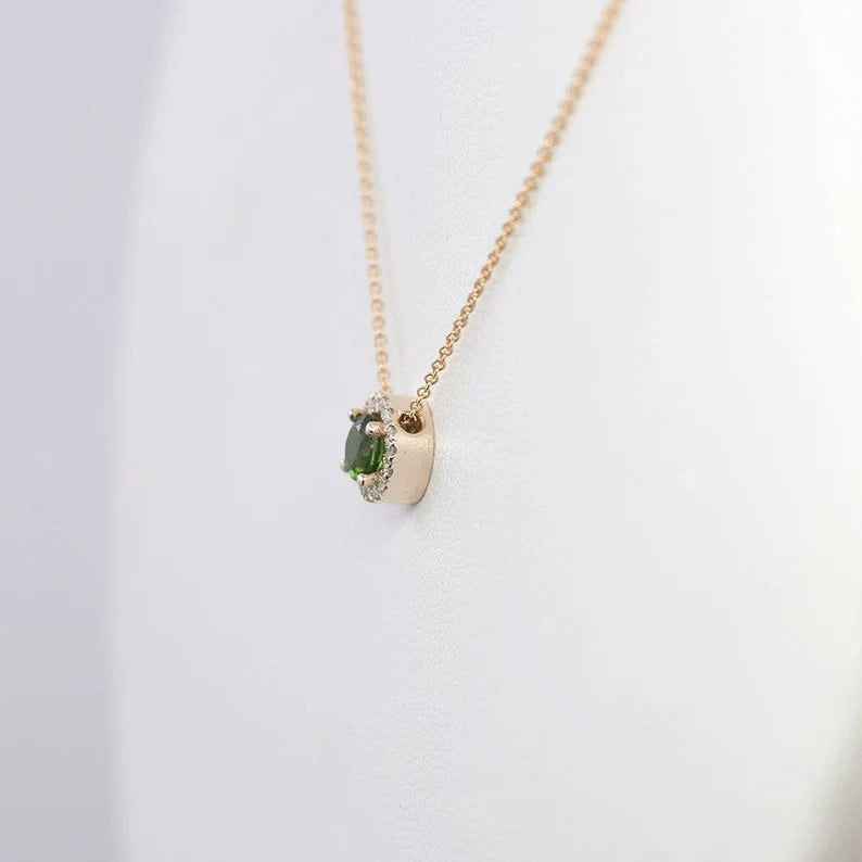 14K LAB EMERALD DIAMOND HALO NECKLACE