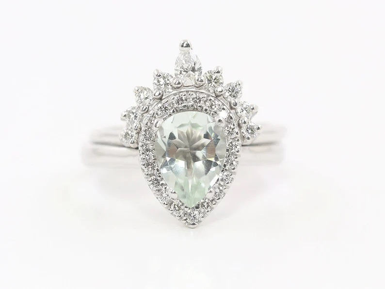 14K PEAR GREEN AMETHYST DIAMOND HALO RING