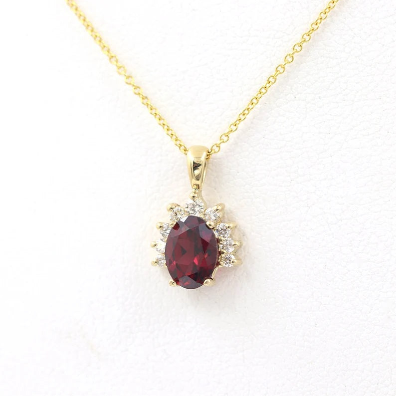 14K OVAL GARNET DIAMOND CROWN NECKLACE