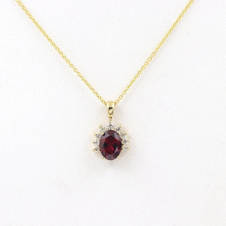 14K OVAL GARNET DIAMOND CROWN NECKLACE