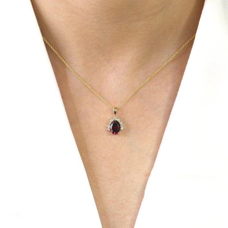 14K OVAL GARNET DIAMOND CROWN NECKLACE