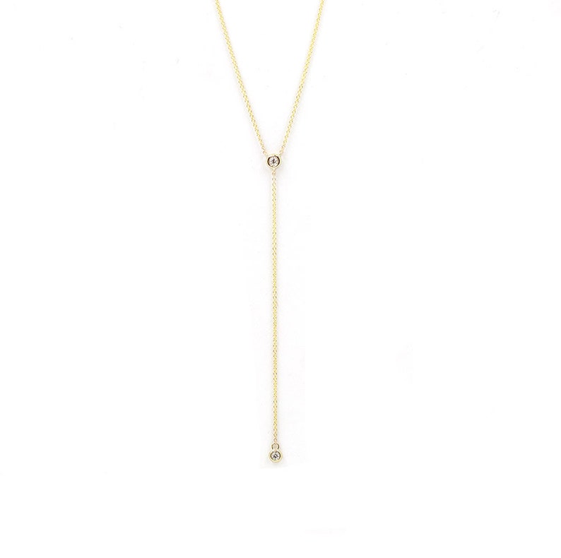 14K 2 DIAMOND BEZEL LARIAT NECKLACE