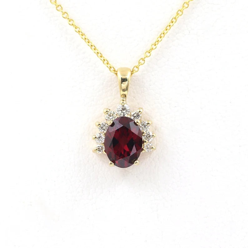 14K OVAL GARNET DIAMOND CROWN NECKLACE