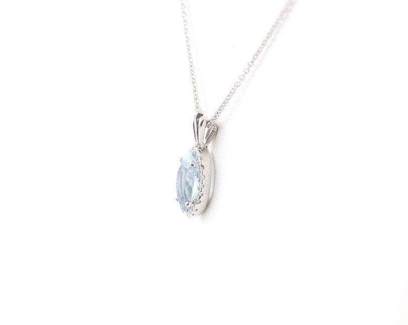 14K MARQUISE AQUAMARINE DIAMOND HALO NECKLACE